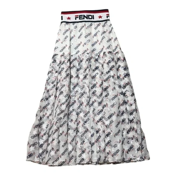 FENDI Mania Peated Midi Skirt Red Blue White Silk Blend Size XXS Designer Luxury - Picture 4 of 13